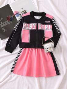 SHEIN 年輕女孩們字母圖案拉鏈開襟夾克&半身裙 - 彩色 - 查看 1