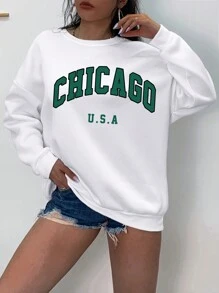 SHEIN EZwear 大碼字母圖案落肩袖運動衫 - 白色 - 查看 4