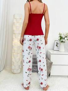 CottageSlumber Cami Top And Bow Front Floral Sleep Pants PJ Set / Pajama Set Bow Tie - Burgundy - View 2