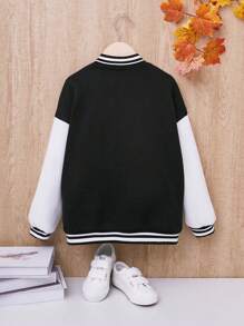 SHEIN Tween Girl Slogan Graphic Striped Trim Drop Shoulder Varsity Jacket - Black and White - View 2