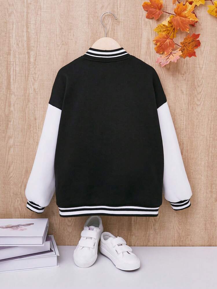 Tween Girl Slogan Graphic Striped Trim Drop Shoulder Varsity Jacket