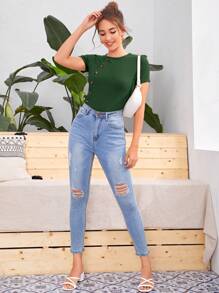 SHEIN Essnce Button Front Rib-knit Slim Tee - Dark Green - View 3
