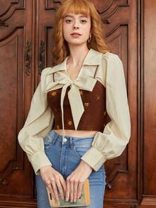 SHEIN MOD Tie Front Lantern Sleeve Knot Front Crop Blouse - Apricot - View 5