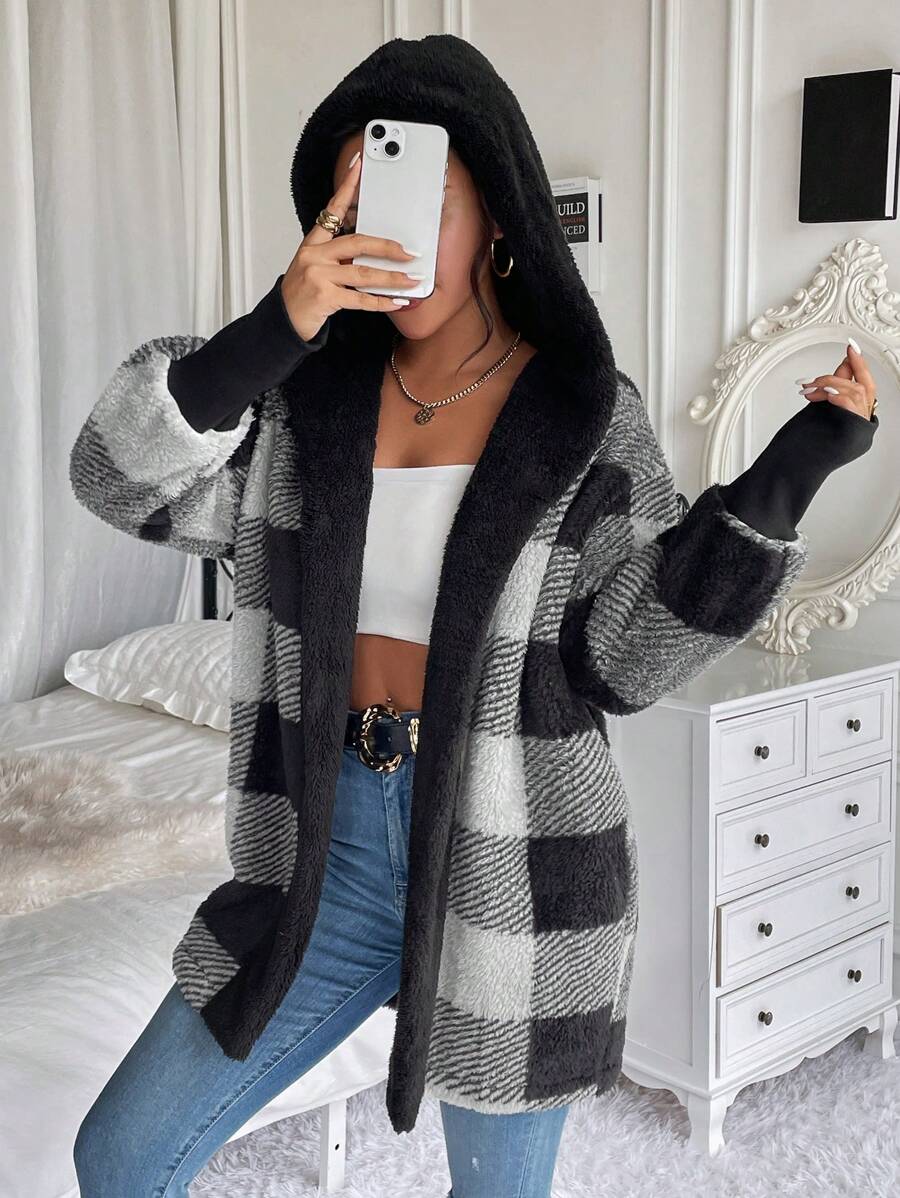SHEIN Frenchy 水牛格紋落肩連帽泰迪大衣 - 黑色 - 查看 1