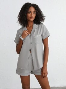 Ocili Leisure Silky Feel Shell Button Front Short Sleeve & Short PJ Set With Scrunchie - Gray - Grey - View 5