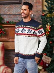 Manfinity Homme Men Geo Pattern Graphic Color Block Cable Knit Casual Pullover Long Sleeve Sweater, For Party, Friends, Christmas - Multicolor - View 4