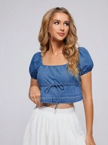 SHEIN EZwear Puff Sleeve Drawstring Peplum Denim Top - Medium Wash - View 5
