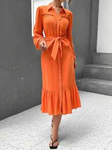 SHEIN Essnce Lantern Sleeve Ruffle Hem Belted Shirt Dress - Orange - View 5