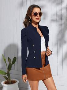 SHEIN Clasi Gigot Sleeve Double Breasted Jacket - Navy Blue - View 4