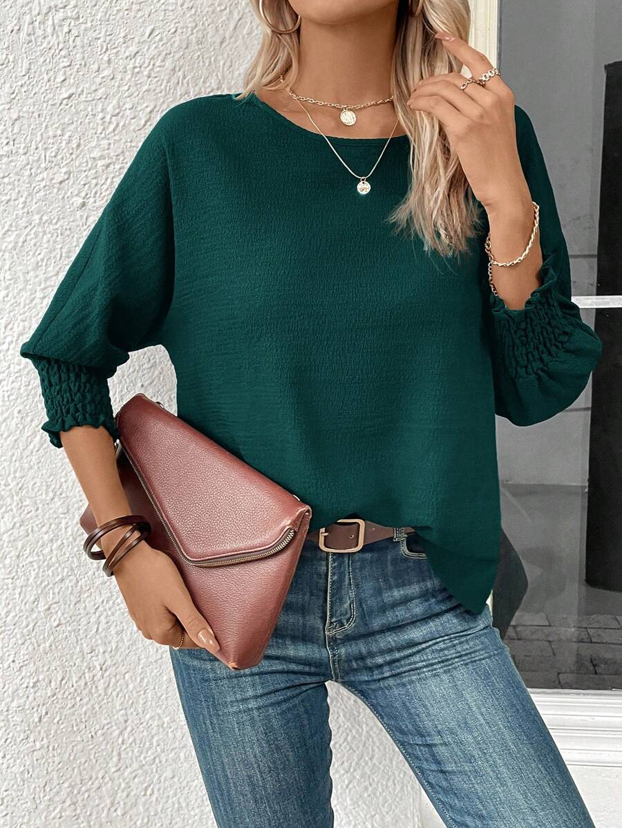 SHEIN LUNE Solid Batwing Sleeve Blouse,Three Quarter Sleeve Tops - Dark Green - View 1