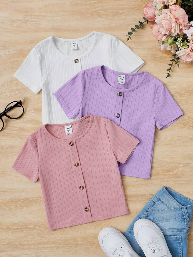 SHEIN Chica Joven 3 piezas Camiseta con botón delantero - Morado - Añade 1