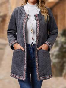 EMERY ROSE Dual Pocket Geo Tape Trim Open Front Coat - Dark Grey - View 6