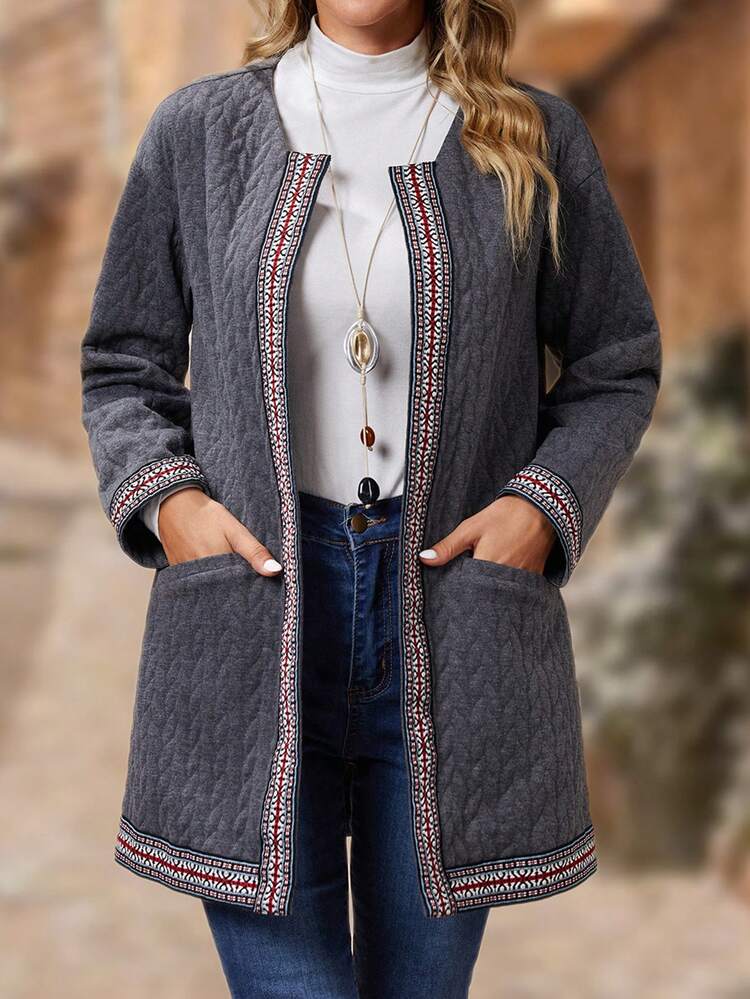 Dual Pocket Geo Tape Trim Open Front Coat