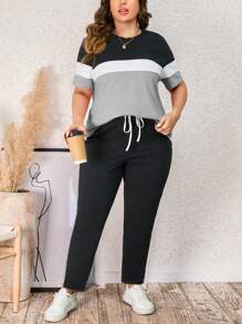 SHEIN LUNE 夏季拼色 T 恤和抽绳腰裤 - 淺灰色 - 查看 6