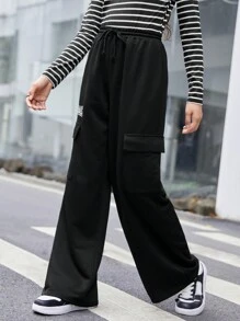 青少年女孩刺繡字母圖案翻蓋口袋側抽繩腰運動褲 - 黑色 - 查看 4