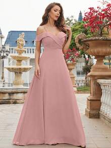 UNITHORSE Cold Shoulder Ruched Bodice Chiffon Bridesmaid Dress Elegant Dress