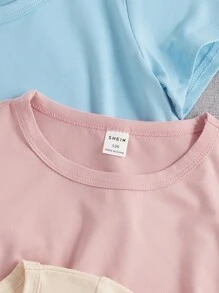 SHEIN Sparklyn Tween Girl 4pcs Solid Round Neck Tee, School, Campus, College - Multicolor - View 4