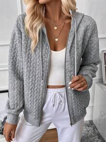 SHEIN Essnce 拉鍊落肩抽繩連帽衛衣 - 灰色 - 查看 3