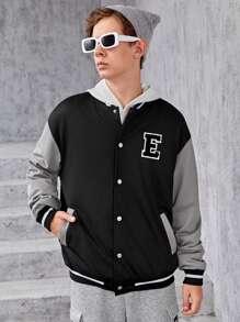 SHEIN 青少年男孩字母貼布條紋飾邊落肩袖學院風夾克 - 彩色 - 查看 1