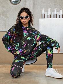 青少年女孩潑墨圖案連帽衫和緊身褲 - 彩色 - 查看 6