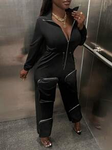 Slaydiva 女式休闲连体裤，带拉链口袋和卷边下摆，黑色，长款 - 黑色 - 查看 5