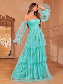 露肩荷叶边袖网眼派对礼服优雅长袖正式晚会舞会婚礼宾客礼服，适合毕业典礼、晚宴 - 薄荷綠 - 查看 4