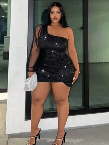 Slaydiva SLAYR Plus 优雅派对亮片网眼拼布紧身单肩迷你连衣裙，加大码 - 黑色 - 查看 6