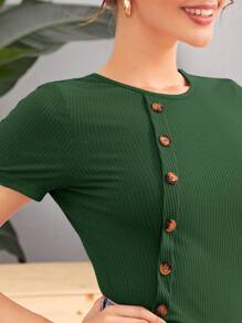 SHEIN Essnce Button Front Rib-knit Slim Tee - Dark Green - View 5