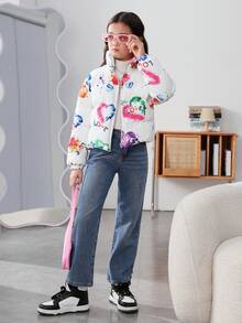 SHEIN Tween Girl Tie Dye Drop Shoulder Zipper Padded Coat - Multicolor - View 5