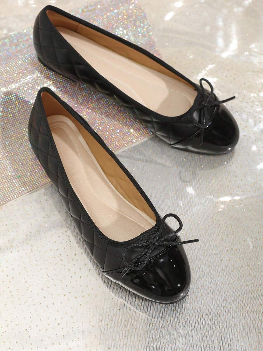 2025 Autumn Women's Non-Slip Bowknot Splicing Round Toe Flat Shoes, Elegant All-Season Flats,Ballet Flats - Black - View 1
