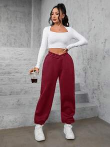 SHEIN Cottnline Solid Slant Pocket Sweatpants - Burgundy - View 4