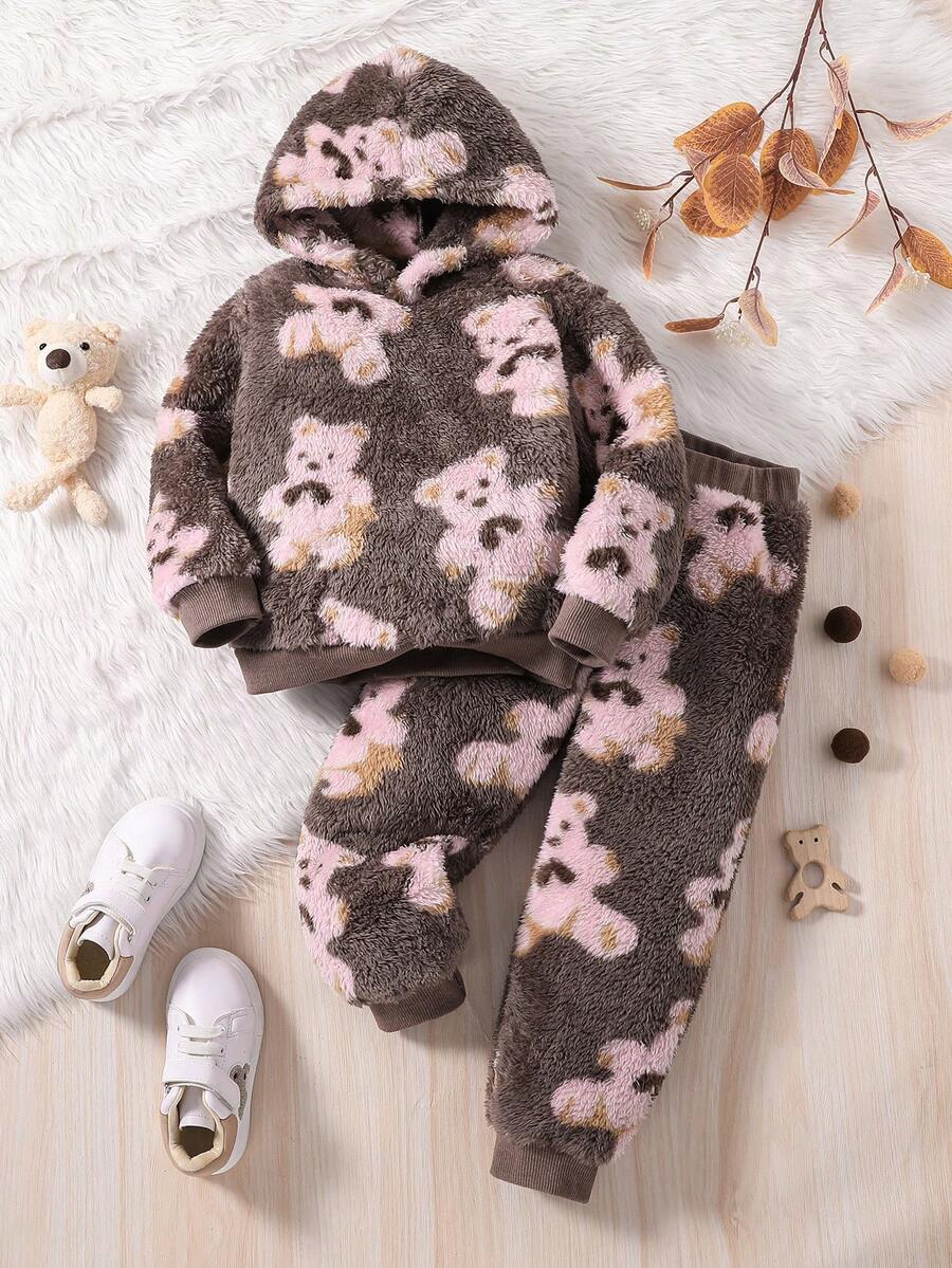 SHEIN 女小童熊圖案毛絨帽衫和褲子