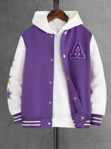 SHEIN 男大童字母貼片條紋飾校隊夾克（不含連帽衫） - 紫色 - 查看 1
