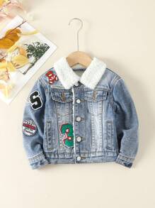 SHEIN Explorewe Young Boy Letter & Bear Patched Teddy Lined Denim Jacket - Light Wash - View 3