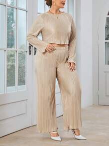 SHEIN Essnce Plus Lettuce Trim Crop Tee & Wide Leg Pants - Apricot - View 1