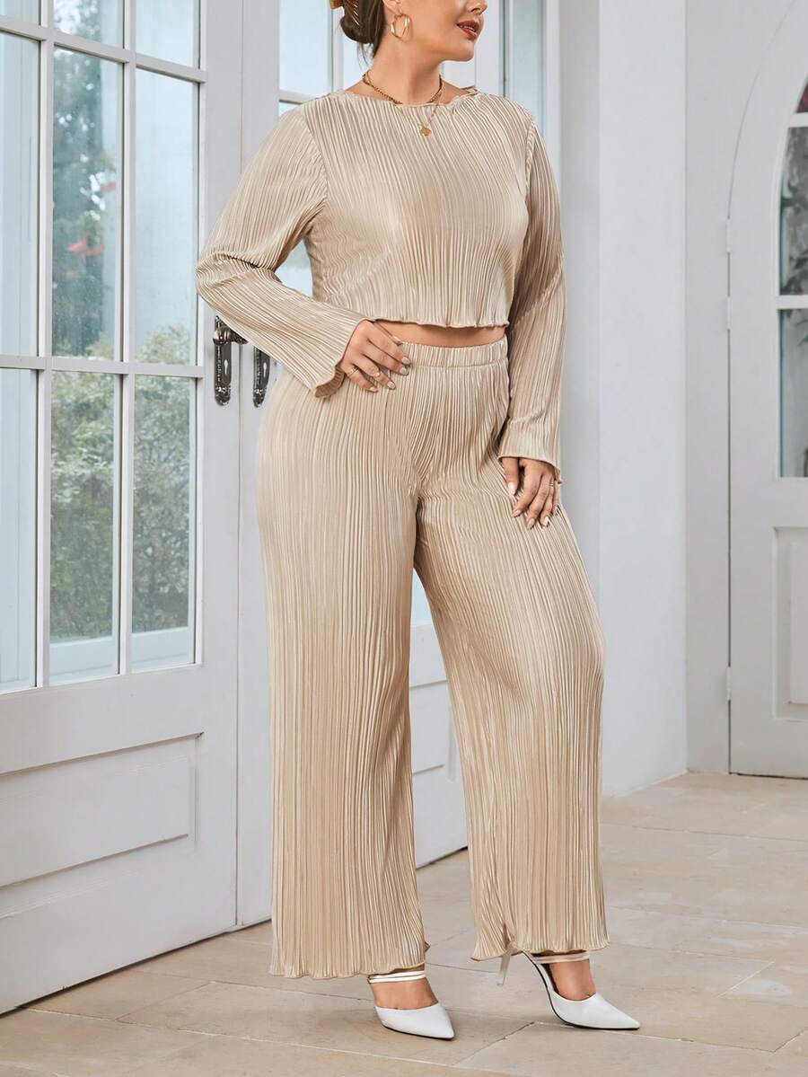 SHEIN Essnce Plus Lettuce Trim Crop Tee & Wide Leg Pants - Apricot - View 1