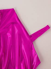 SHEIN Young Girl Asymmetrical Neck Puff Sleeve Ruched Side Ruched Dress - Hot Pink - View 6