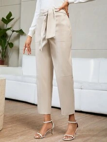 SHEIN Privé High Waist Belted Straight Leg Pants - Apricot - View 4
