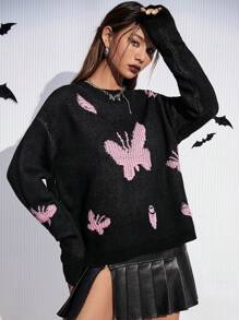 SHEIN Unity Butterfly Pattern Drop Shoulder Sweater - Multicolor - View 1