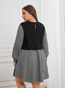 SHEIN LUNE 大碼格子圖案燈籠袖假兩件洋裝 - 黑與白 - 查看 2