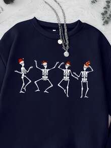 SHEIN EZwear In Bộ xương Lót nhiệt Áo nỉ - Xanh đậm - Xem 6