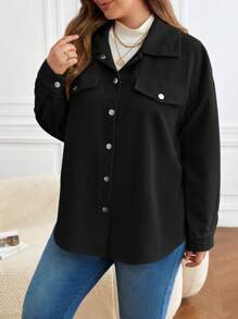 SHEIN Frenchy Plus Barnfit Flap Detail Drop Shoulder Jacket - Black - View 5