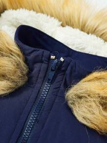 男嬰毛絨飾邊連帽保暖襯裡派克大衣 - 藏蓝色 - 查看 4