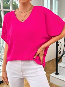 Chiquease Áo cổ chữ V tay cánh dơi rắn - Màu Hồng Tươi - Xem 4