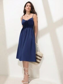 SHEIN Frenchy Solid Tie Front Cami Dress - Navy Blue - View 5