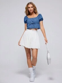 SHEIN EZwear Puff Sleeve Drawstring Peplum Denim Top - Medium Wash - View 3