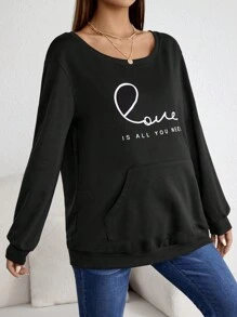 SHEIN Maternity Letter Graphic Kangaroo Pocket Drop Shoulder Sweatshirt, For Winter - Black - View 3