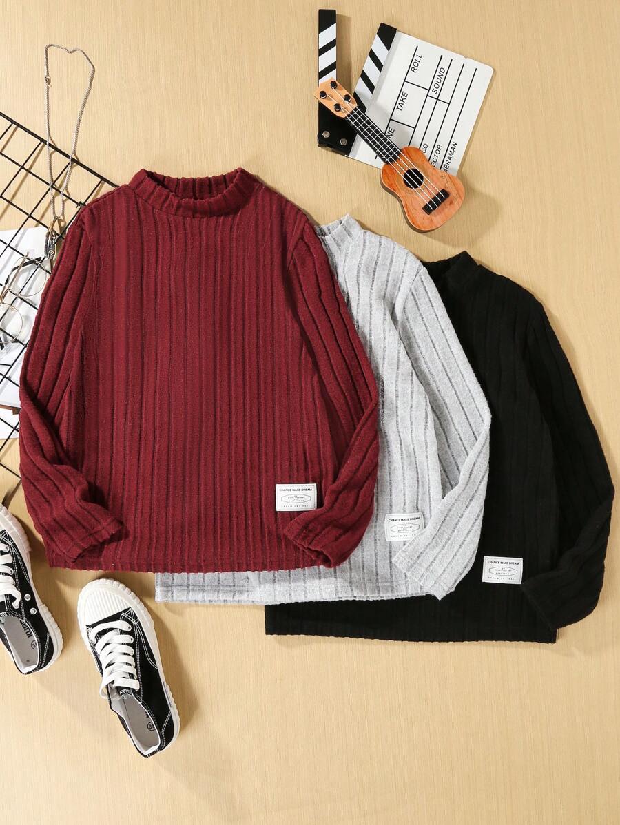 SHEIN Tween Boy 3 chiếc Mock Cổ Chi tiết vá có gân đan Tee - Nhiều màu - Xem 1