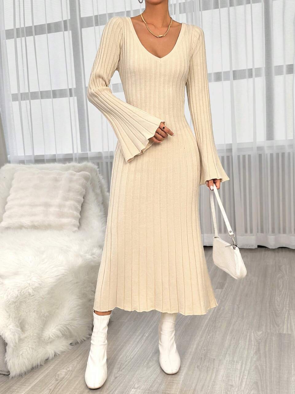 Solid Flounce Sleeve Sweater Dress In Fall/Winter