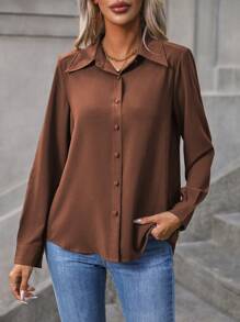 EMERY ROSE 纯色纽扣前襟衬衫、长袖上衣 - 咖啡棕 - 查看 4